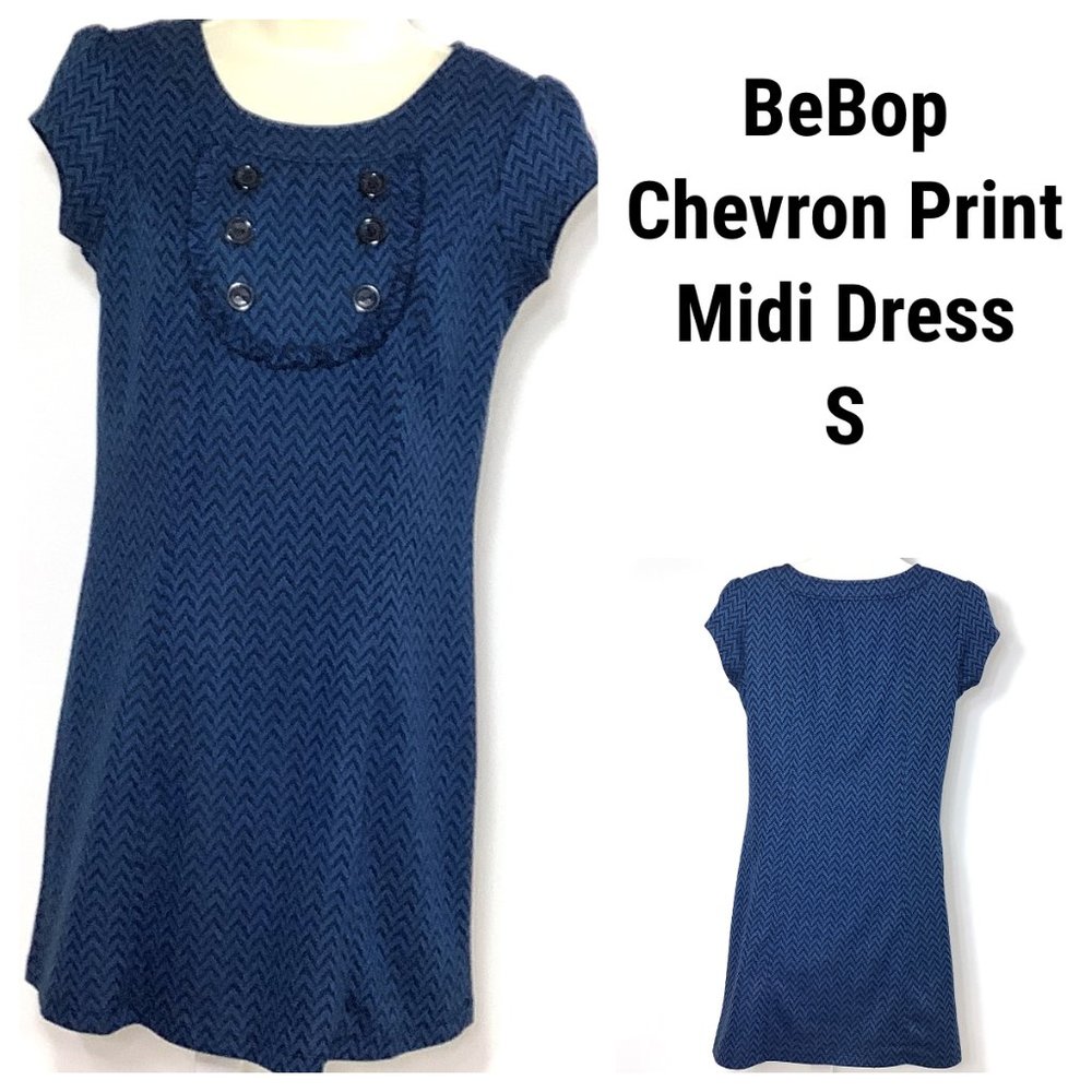 BeBop Dress Blue Black Chevron Geometric Print Small S Ruffle